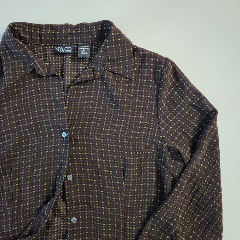 New York & Company Women's Brown and Green/Purple Polka Dot Button-up Blouse